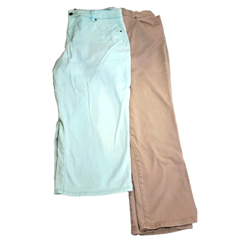 Basic Editions Casual Pants Womens 16 Tan Mint Green Good Cropped Straight 2pk